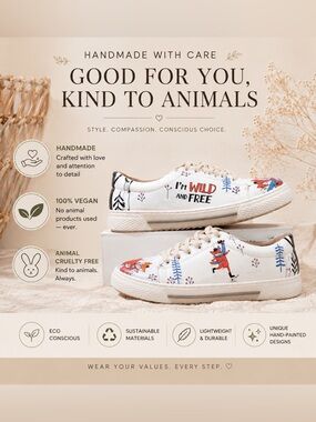 Mumka “I’m Wild & Free” Fox Print Sneakers – Whimsical Vegan/animal cruelty free